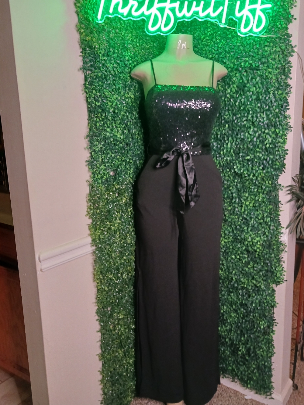Black Sequin Bodice Wide-Leg Jumpsuit with Satin Tie